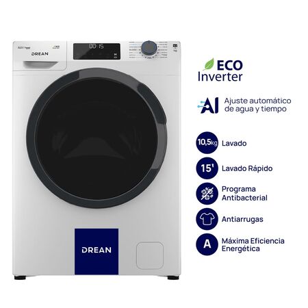 Lavarropas Ecoinverter con IA 10,5 Kg 1200 RPM Blanco Drean LCFDR1012SB1