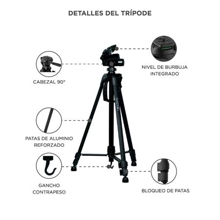 Trípode Cámara Gadnic T-3 Aluminio 1,40mt Cabezal 90° Bloqueo Flip Gancho Contrapeso