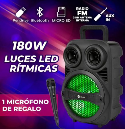 Parlante Portátil Bluetooth 5.0 Melon X10 8" con Luces LED y Micrófono