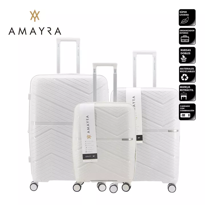 Set De Valijas Amayra X3 20” 24” 28” PP Blanco Rígidas 360° - Vista 8