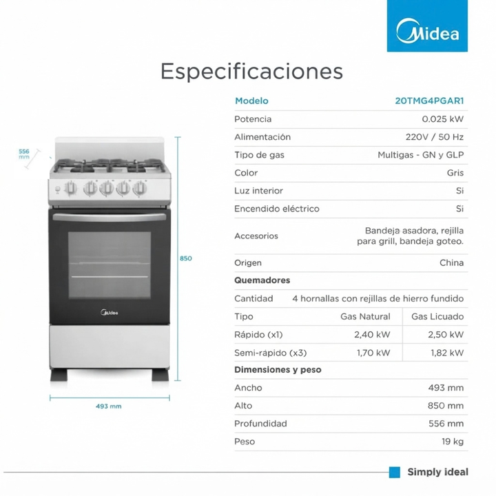 Cocina Multigas 4 Hornallas 50cm 20tmg4pgar1 Gris Midea - Vista 7