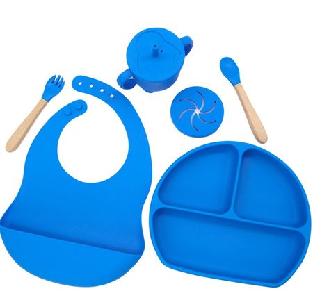 Set Alimentacion Bebe Silicona Gadnic Completo Plato Triple Liso Azul
