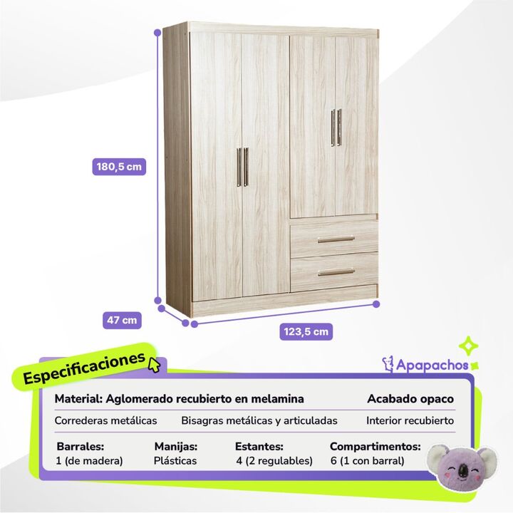 Placard Ropero Marfil 4 Puertas 2 Cajones Reforzado Maximo Fortaleza - Vista 3
