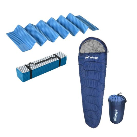 Combo Aislante Térmico y Bolsa de Dormir Momia WAGGS Camping Azul