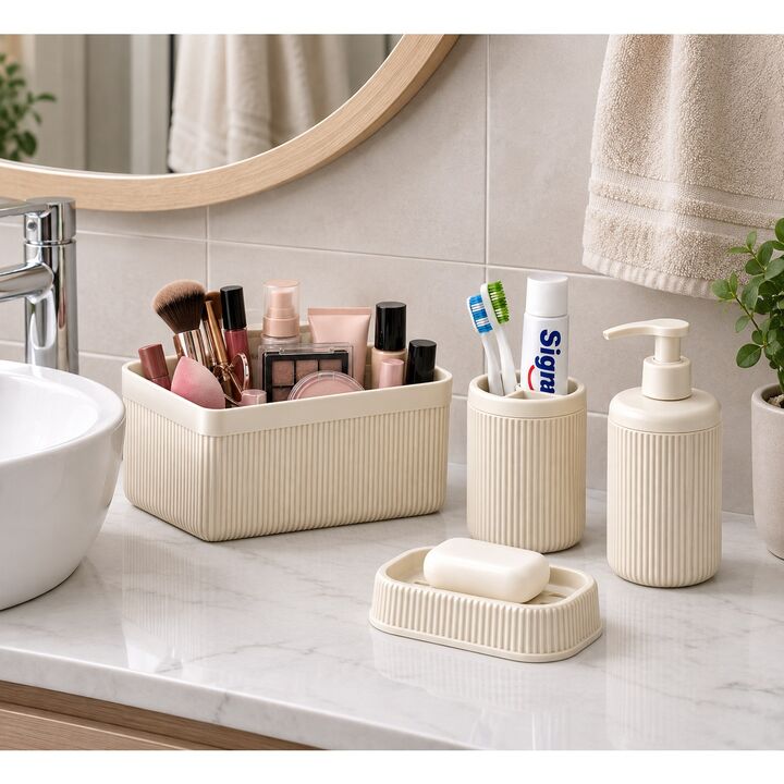 Set Organizador de Baño 4 Piezas – Dispenser, Porta Cepillos, Jabonera y Canasto Multiuso - Vista 2
