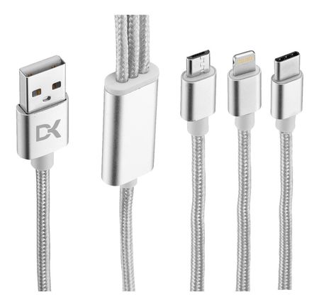 Cable Dekkin 3 En 1 Mini Usb, Lighting Y Usb Tipo C Silver Ca-312 S