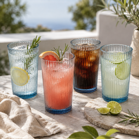 Set x4 Vasos Vidrio Altos Azules Labrados Tragos 400 ml Aston
