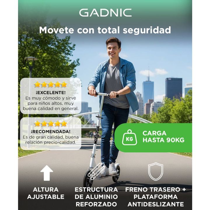 Monopatín Blanco Gadnic City Plegable de Alumino Niños y Adultos Hasta 90kg Ruedas 200mm - Vista 2