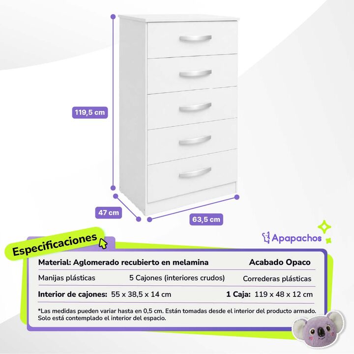 Comoda Cajonera 5 Cajones Blanco Mate Maximo Family - Vista 3