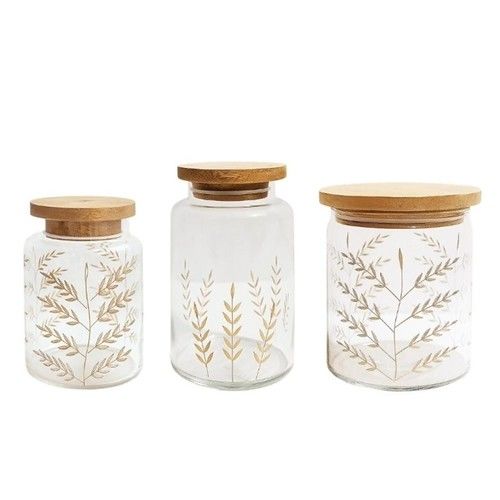Set 3 Frascos Carol Vidrio Labrado c/ Tapa Madera - Vista 1