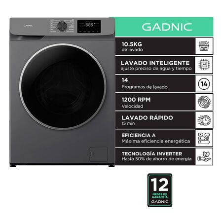 Lavarropas Automatico Gadnic 10.5 Kg Carga Frontal 14 Programas Inverter 1200 RPM Gris Oscuro
