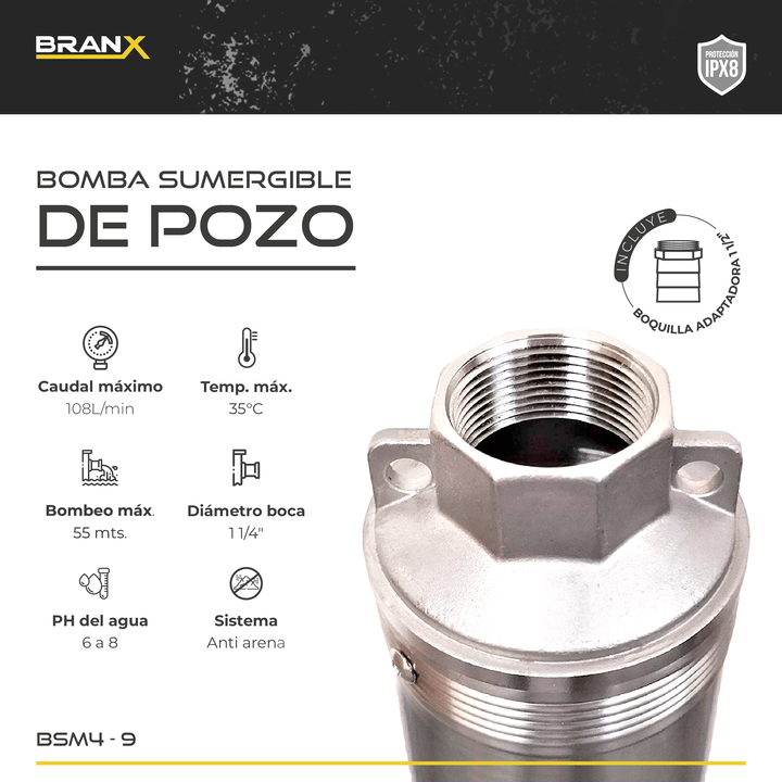 Bomba Sumergible Branx Pozo 1 Hp 4 Pulgadas 6500l/h + Cable Bsm4-9 30m - Vista 2