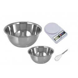 COMBO REPOSTERIA: BALANZA COCINA+ BOWL ACERO INOXIDABLE XL + BOWL CHICO+ BATIDOR