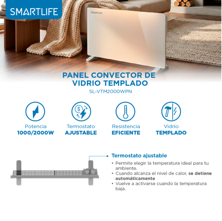 Calefactor Panel de Vidrio Smartlife 2000W Portatil Blanco - Vista 6