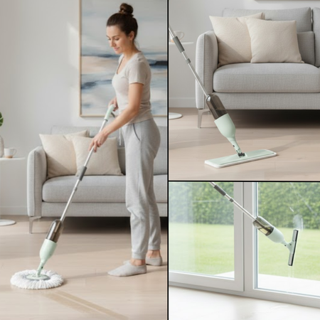 Mopa para Piso y Vidrios Bynox 3en1 con mopa circular mopa plana y mopa para vidrios CI-SPR3E1-GR