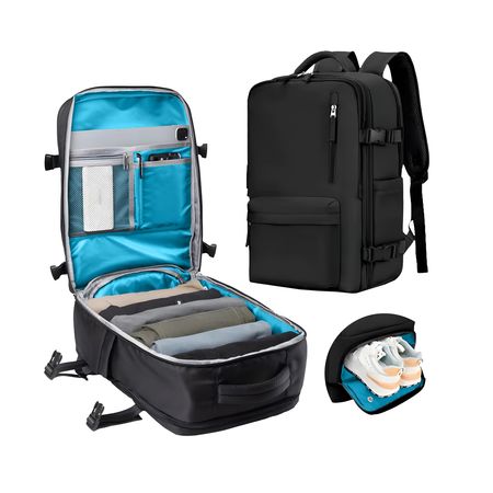 Mochila Negra Para Cabina Avión 11 Bolsillos Tela Oxford Ultra Resistente Tira Valija Muy Cómoda EB440