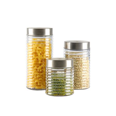 Set X 3 Frascos Altos A Rayas Tapa Acero Organización Cocina