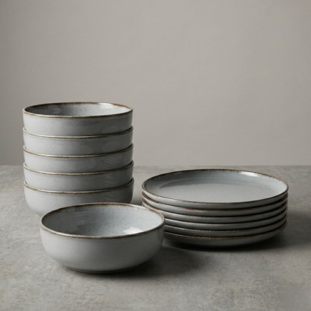 Vajilla 12 piezas Plato Postre Bowl Porcelana Filo Envejecido Gris 