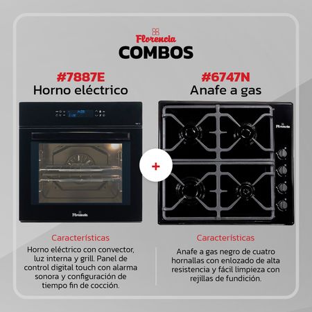 Combo Florencia Horno Eléctrico Empotrable 7887E+ Anafe A Gas 6747N Negro
