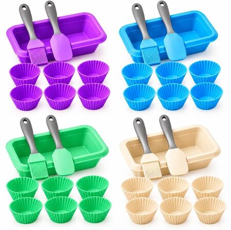 Kit de reposteria silicona: mini budinera, moldes cupcakes, espatula y pincel