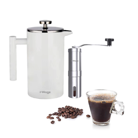 Set Cafetera Prensa Francesa y Molinillo Manual AInox Waggs Crema