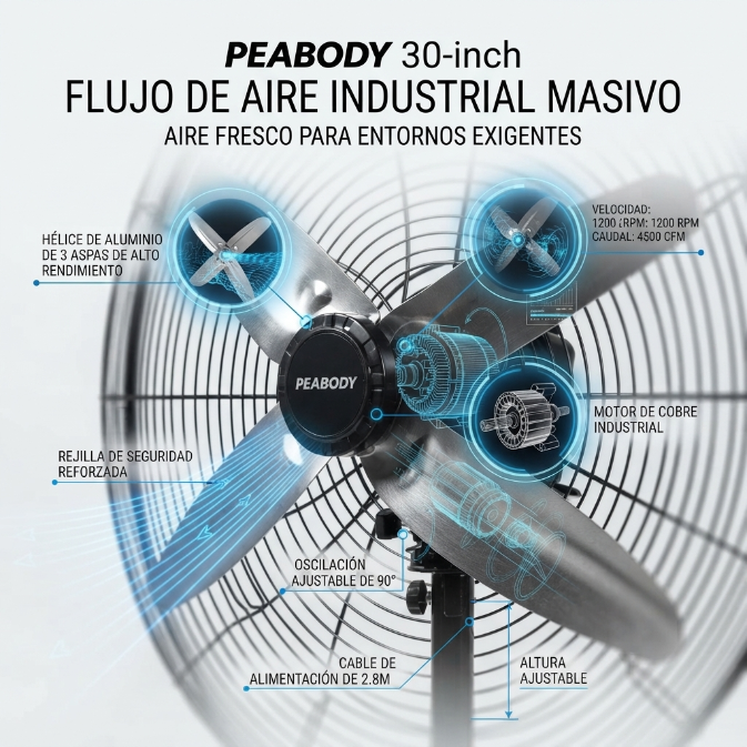 Ventilador Peabody PE-VI300ME De Pie 30" 240W 3 Velocidades Industrial - Vista 6