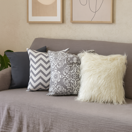 Set de 4 almohadones decorativos gris con 1 pelo largo G1