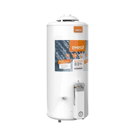 TERMOTANQUE CONEXION SUPERIOR EMEGE TTQE80 80 LTS MULTIGAS RECUPERACION 170 LTS X HORA COLGAR O APOYAR 