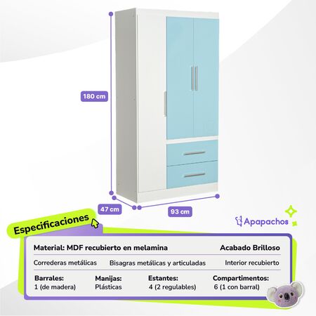 Placard Ropero Infantil Celeste 3 Puertas 2 Cajones Reforzado Maximo Fortaleza