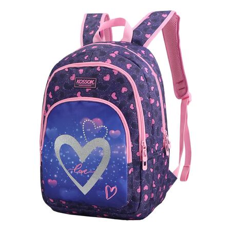 Mochila Kossok Love Escolar Reforzada Premium Azul/Rosa Geometrico