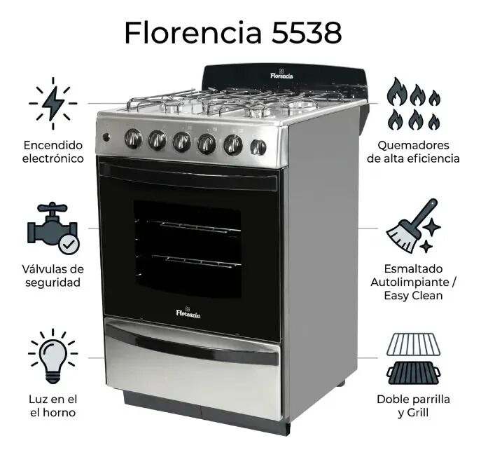 Cocina Florencia 5538 Multigas de 4 Hornallas de Acero Inoxidable - Vista 5
