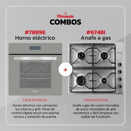 Combo Florencia Horno Eléctrico Empotrable 7889E + Anafe a Gas 6748I Acero Inoxidable