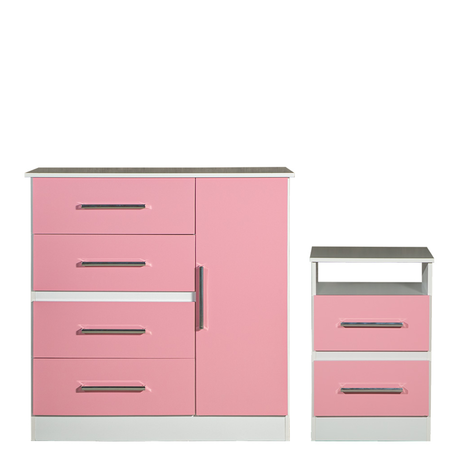 Mesa de luz y Comoda Cajonera Combo Infantil Reforzado Melamina Maximo fortaleza Rosa y Blanco