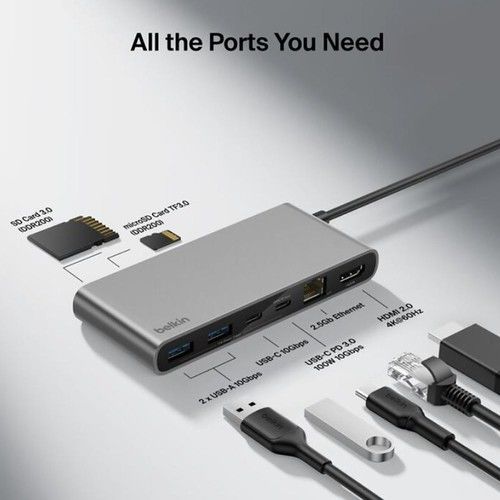 Belkin USB-C 8-in-1 Hub / 2 USB-A 10Gbps / USB-C 10Gbps / USB-C PD 3.0 100W 10Gbps/ HDMI 2.0 4K@60Hz / 2.5Gb Ethernet / SD 3.0 / microSD 3.0 - Vista 3