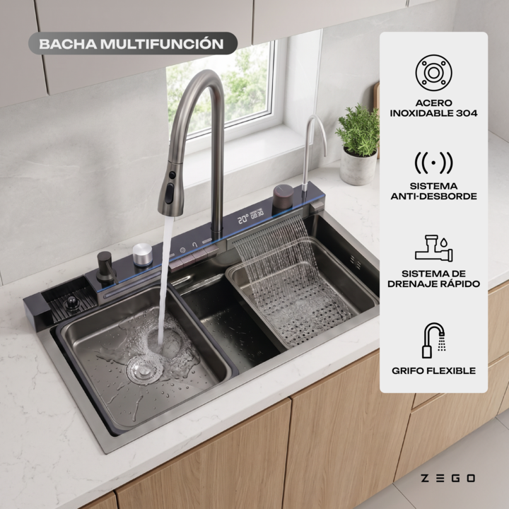 Bacha De Cocina Pvd Con Set Grifería Inteligente Acero Zego - Vista 4
