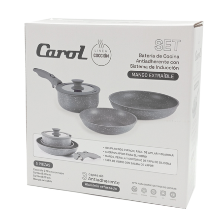 Bateria de Cocina 5 pz Granito Con Mango Extraible 