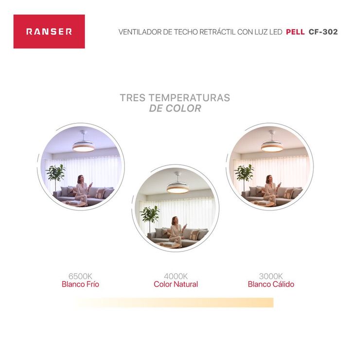 Ventilador de Techo Retractil RANSER PELL 35W Luz LED CF-302 Nordico Madera Blanco - Vista 4
