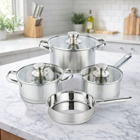 Bateria Cocina 7 Piezas Acero Inoxidable Triple Fondo Tapa Vidrio