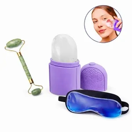 Spa Kit: masajeador jade + rodillo facial gel+ antifaz gel
