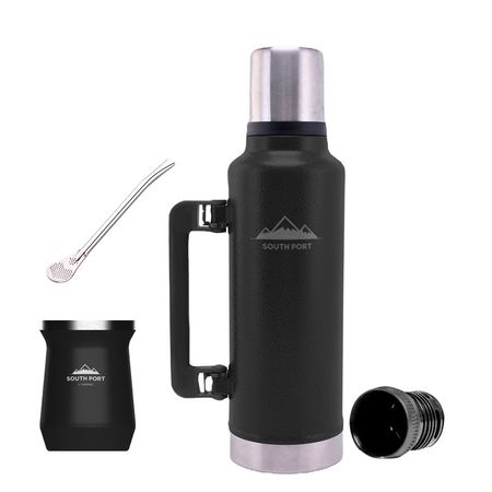 Kit de Termo Negro de 1.3 Litros, Mate Negro y Bombilla South Port Acero Inoxidable