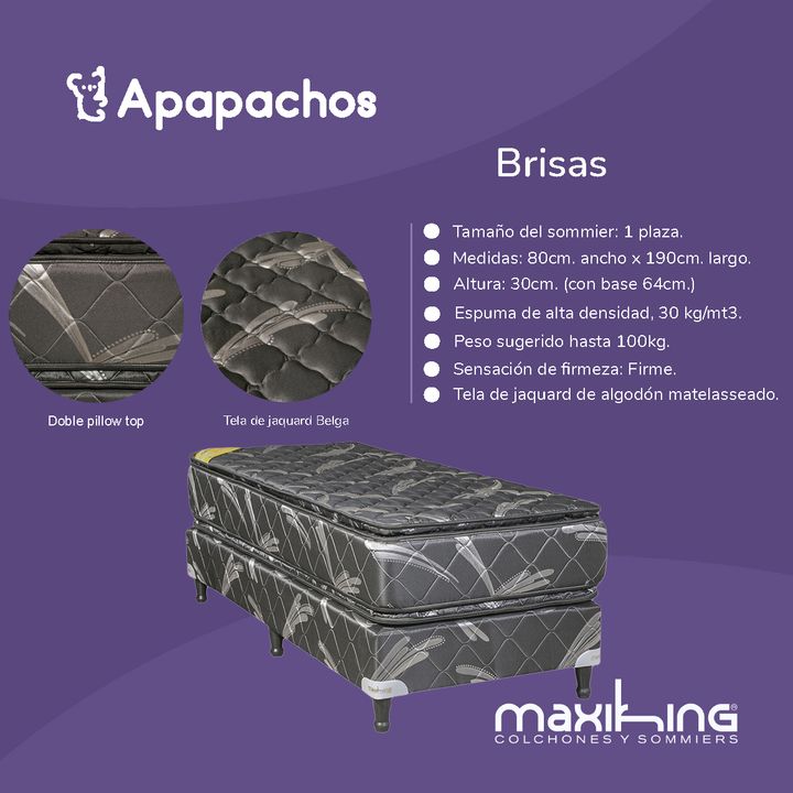 Sommier y Colchon Maxiking Brisas 1 Plaza 80x190x30cm Espuma de Alta Densidad Doble Pillow de Jackard - Vista 2