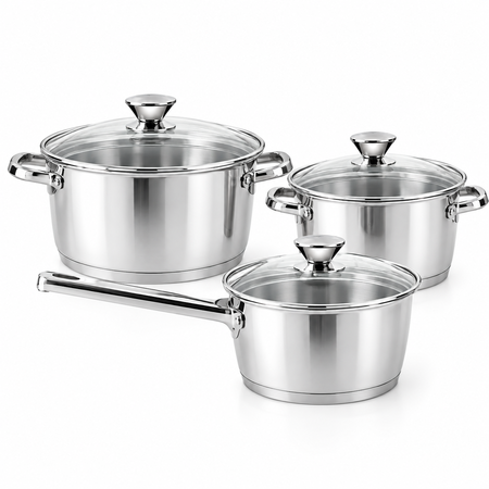 Batería de Cocina Tramontina 3 Pzas. Acero Inox. Triple Fondo + Tapas de Vidrio