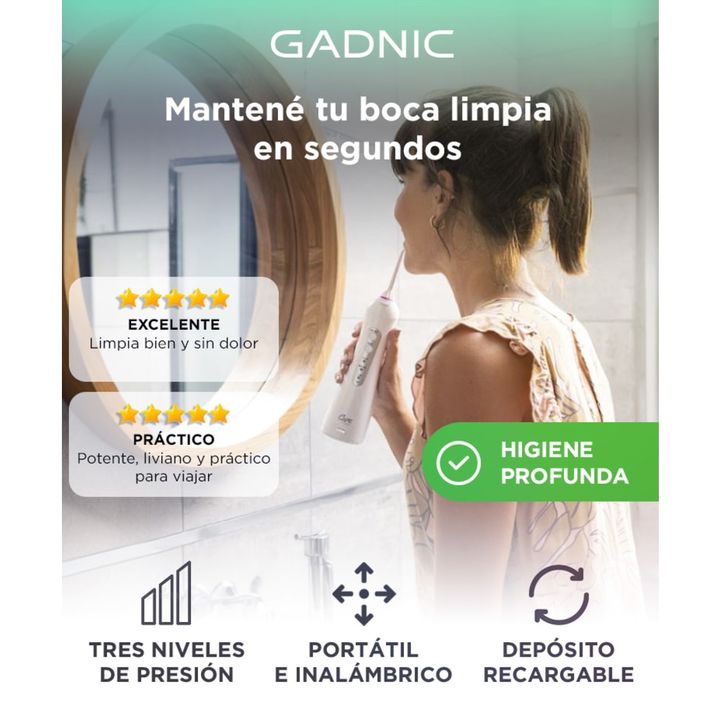 Irrigador Bucal Gadnic 100psi 200ml 3 Velocidades Inalámbrico 4 Boquillas - Vista 2