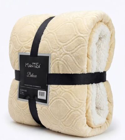 Manta frazada flannel Deluxe con corderito 1 plaza y media NATURAL