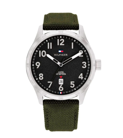 RELOJ ANALÓGICO TOMMY HILFIGER - CAJA CUARZO PLATEADA ESFERA NEGRA MALLA VERDE (RTH0717)