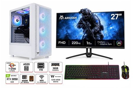 COMBO GAMER SUPERIOR:  PC R7  1TB/ 16GB CON PLACA VGA+ GABINETE GAMER BLANCO+ MONITOR GAMER  ARKHAM GAMING 27" 220 hz Fast IPS CON ALTAVOZ INTEGRADO + TECLADO Y MOUSE RGB +ENVIO GRATIS 