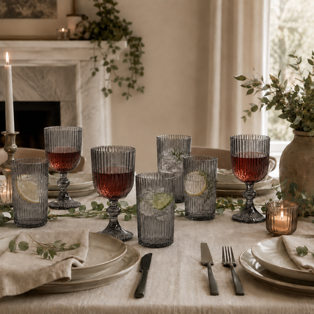 Set x8 Vasos Vidrio Altos Tragos y Copas con pie Labrado Aston Grises