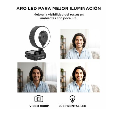 Camara Web Gadnic Full HD 1080P c/ Aro Led Webcam Meet Zoom