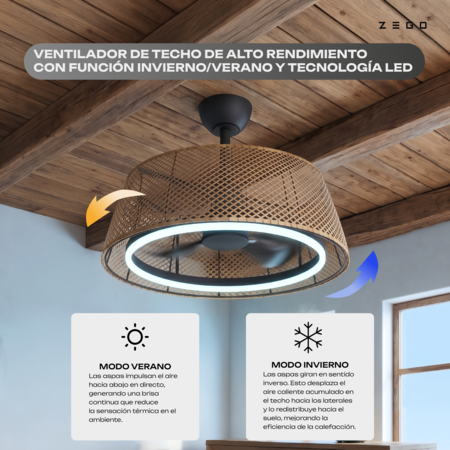 Ventilador Techo Zego Bambú Luz Led Control Premium Reversa