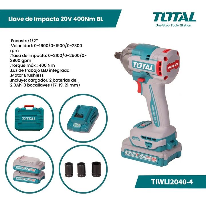 Llave De Impacto 400nm Brushless Total Tiwli2040-4 20v + Kit - Vista 3